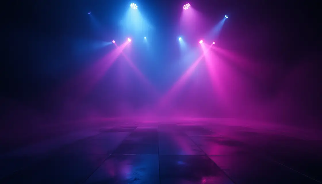 A nightclub dance floor lit by abstract laser light and haze