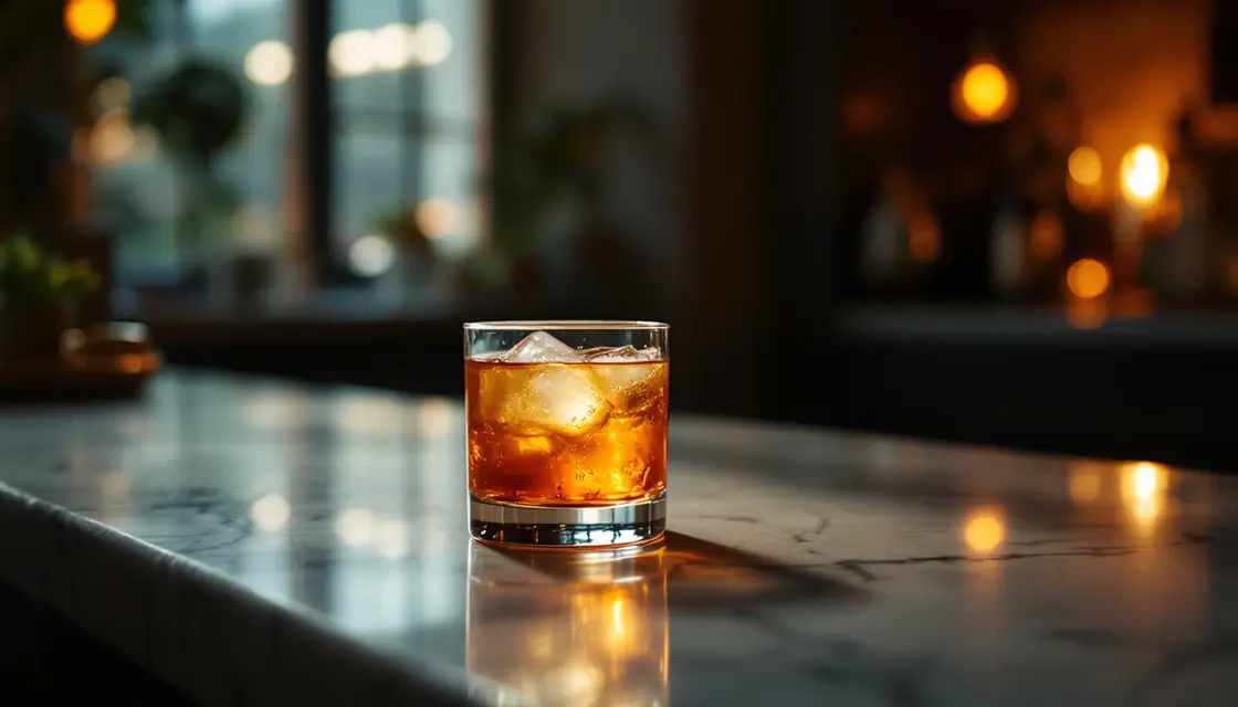 A moody cocktail bar counter with backlit bottles