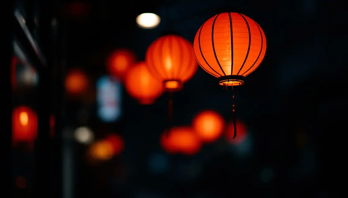 Red paper lanterns strung across a night street beside the quarter