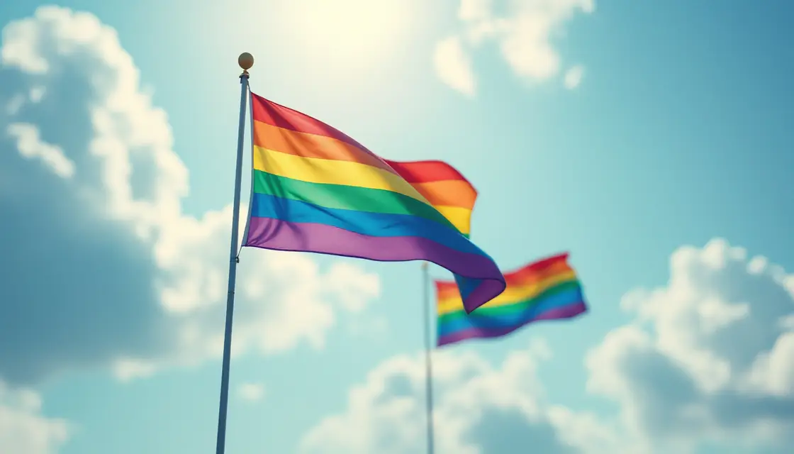 Rainbow flags and bunting over a city street on a bright day