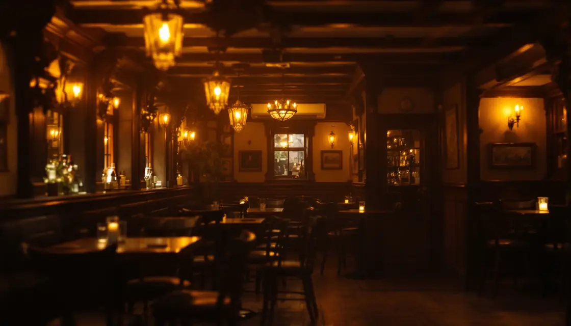 A cosy traditional pub interior at night, warm lamplight