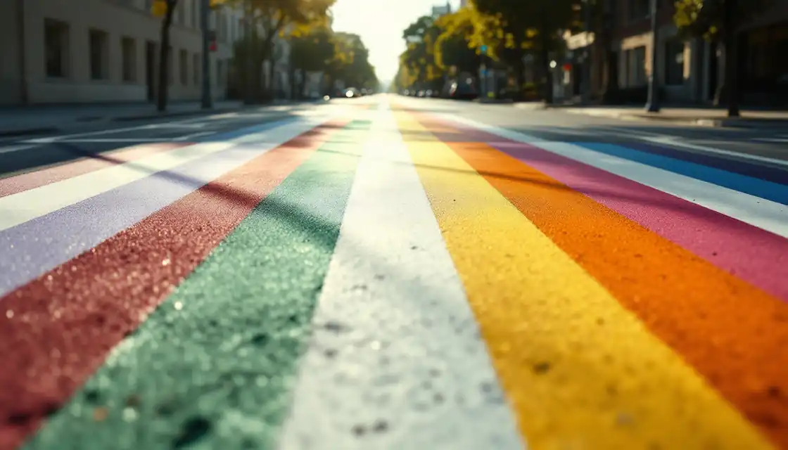 A rainbow-painted pedestrian crossing at night, wet with reflections