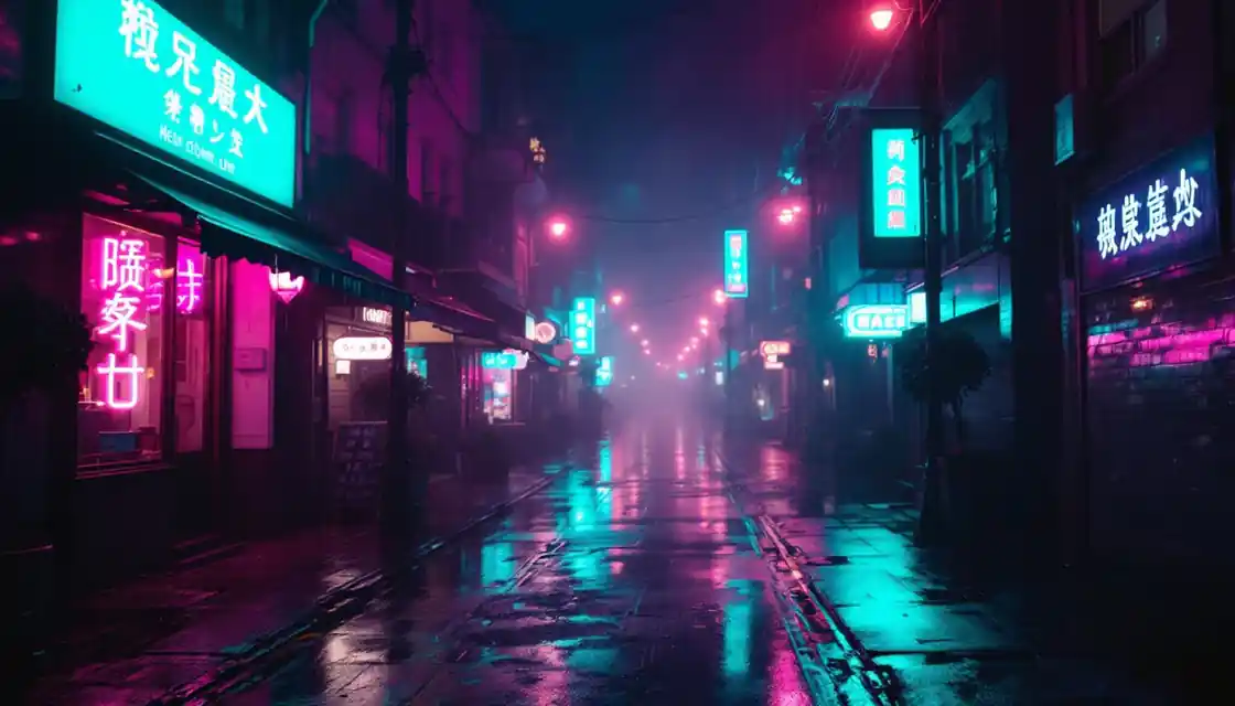 A quiet bar-quarter street at night glowing with pink neon