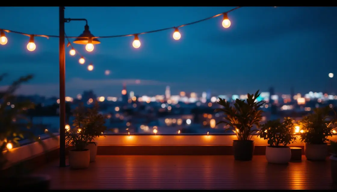 A rooftop bar terrace at night with warm string lights